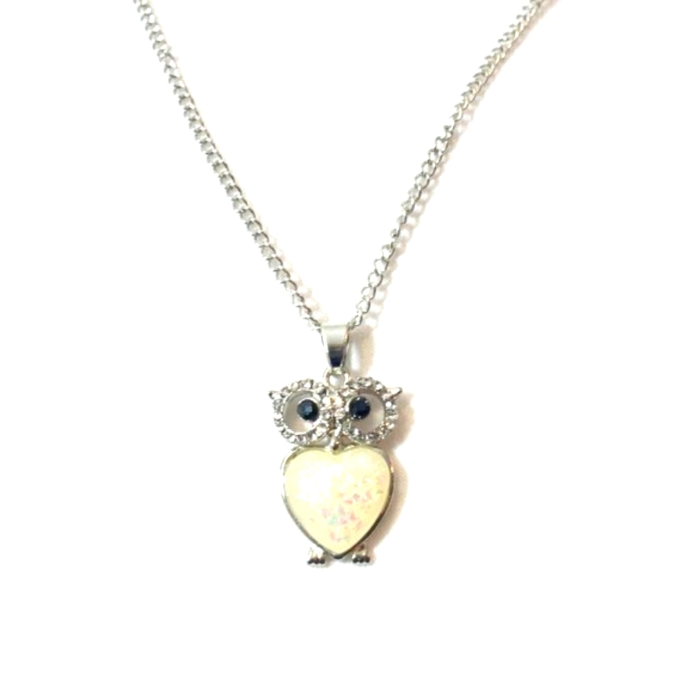 Sterling Silver Pink Opal Heart Shaped Owl Necklace with Crystal Halo Eyes  Owl